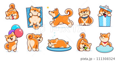Cartoon kawaii cute pet shiba inu dog and puppy characters. Funny pet animals vector personages of japanese breed, happy baby dogs playing with ball and bone toys. Shiba inu puppies sleeping, running Cartoon kawaii cute pet shiba inu dog and puppy characters. Funny pet animals vector personages of japanese breed, happy baby dogs playing with ball and bone toys. Shiba inu puppies sleeping, running 111308324