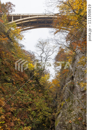 日本 宮城県大崎市鳴子温泉にある峡谷、鳴子峡の回顧橋から見える紅葉と大深沢橋 日本 宮城県大崎市鳴子温泉にある峡谷、鳴子峡の回顧橋から見える紅葉と大深沢橋 111308619