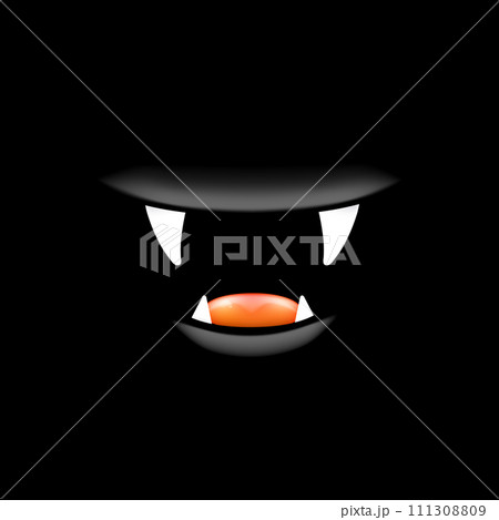 Vector Cartoon open mouth with fangs isolated on black background. Funny and cute black funny Halloween Monster open mouth with big vampire fangs. jaws and mouth of the beast cartoon illustration 111308809