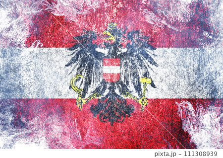 Closeup of grunge German flag. Dirty Germany flag on a metal surface 111308939