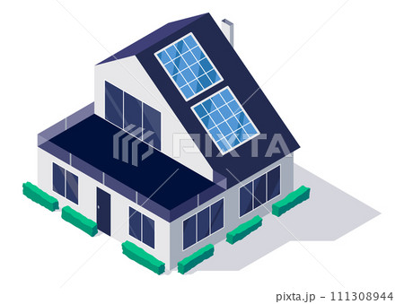 Classic and modern family house residential apartment building with roof solar panels. Real estate home property. Contemporary standard suburban urban village style 111308944