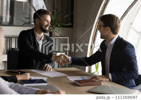 Confident cheerful boss and project manager man shaking hands 111309097