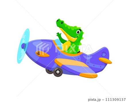 Baby animal character on plane. Cartoon animal crocodile kid airplane pilot. Isolated vector cute alligator cub joyfully maneuvers a tiny vintage aeroplane through the skies with its adventurous charm Baby animal character on plane. Cartoon animal crocodile kid airplane pilot. Isolated vector cute alligator cub joyfully maneuvers a tiny vintage aeroplane through the skies with its adventurous charm 111309137