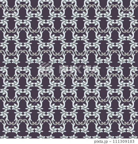 Hand drawn watercolor vintage ornament seamless pattern. Baroque illustration isolated on grey background. Can be used for textile, fabric and other printed products. 111309183