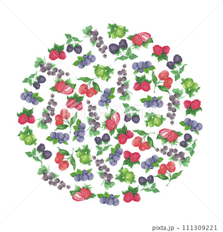 Hand drawn watercolor berries round composition with green leaves isolated on white background. Can be used for cards, label and other printed products. 111309221