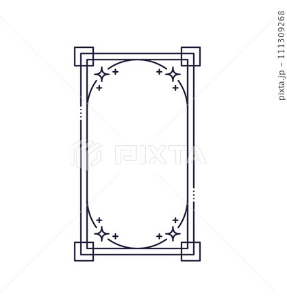 Minimal line frame and border, star twinkles and sparkles. Vector modern rectangle shape frame with oval borders, outline geometric ornament, squares, dots and stars, boho decor elements 111309268