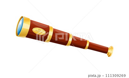 Cartoon spyglass, vintage nautical pirate telescope. Isolated vector navigation instrument for looking on distance. Captain or sailor optical tool, naval equipment, marine retro glass item 111309269