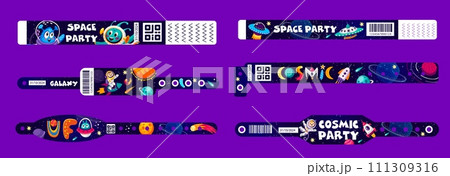 Space party paper bracelets for entrance, hand wristband mockup. Vector set of celestial-themed cosmic bands with aliens, rockets and astronauts, setting the tone for an out-of-this-world experience Space party paper bracelets for entrance, hand wristband mockup. Vector set of celestial-themed cosmic bands with aliens, rockets and astronauts, setting the tone for an out-of-this-world experience 111309316