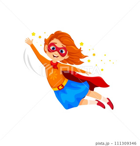 Cartoon kid superhero character. Isolated vector spirited girl super hero, adorned in colorful costume with a cape fluttering behind her, exudes confidence, ready to conquer any adventure with a smile 111309346