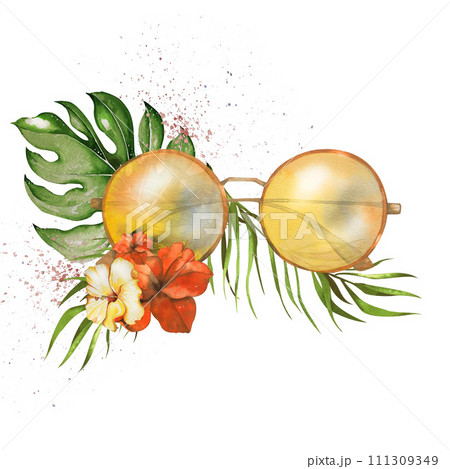 summer watercolor composition for beach holiday. Hand-drawn summer objects: round sunglasses palm branches and leaves hibiscus flowers. highlighted on white background. for summer textile accessories 111309349