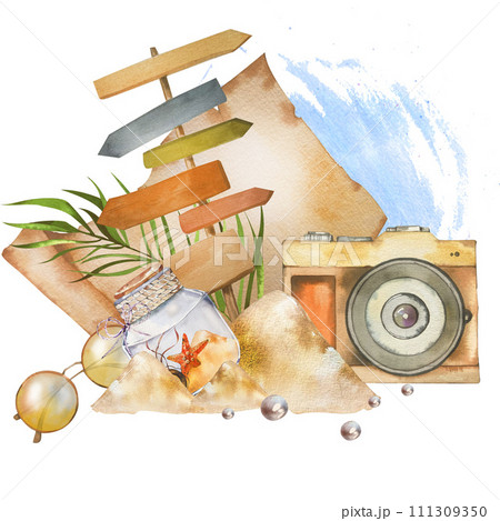 Watercolor illustration for a beach holiday. Hand-drawn summer objects: camera sunglasses starfish in a glass jar map pointer sand. highlighted on a white background. for summer textile accessories 111309350