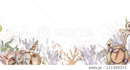 marine-themed banner. shells, corals, starfish, algae, anchor, lifebuoy. watercolor illustration. isolated on a white background. For fabric, textiles, wallpaper, clothing beach, summer accessories marine-themed banner. shells, corals, starfish, algae, anchor, lifebuoy. watercolor illustration. isolated on a white background. For fabric, textiles, wallpaper, clothing beach, summer accessories 111309355