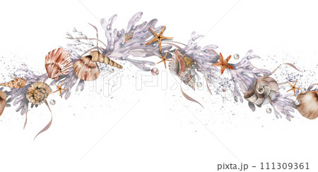 marine-themed seamless banner. shells, corals, starfish, algae. watercolor illustration. isolated on a white background. For fabric, textiles, wallpaper, clothing beach, summer accessories 111309361