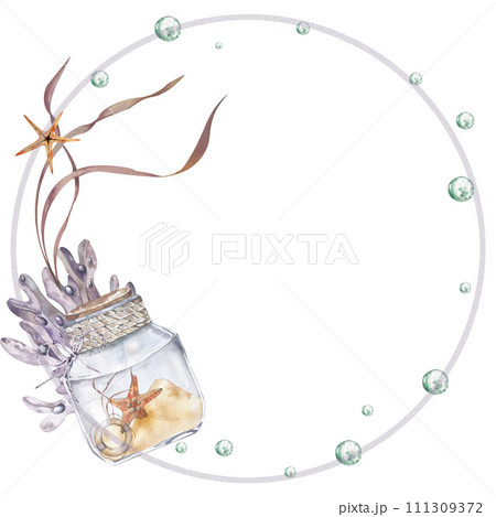 round frame consisting of a glass jar with a starfish, sand and a lifebuoy, algae and bubbles. Watercolor illustration. Compositions for your design 111309372