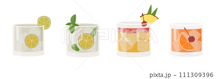 Set of popular classic cocktails. Different alcoholic drinks in various glasses. Summer aperitif garnished with lime twist, orange slice and cherry. Vector illustration of soft and alcohol beverages. 111309396