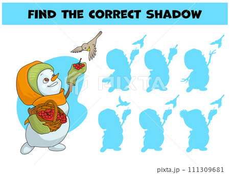 Find the correct shadow. Cute snowman girl with basket of berries feeding birds. Choose correct answer. Matching game. Colorful cartoon characters. Funny vector illustration. On white background Find the correct shadow. Cute snowman girl with basket of berries feeding birds. Choose correct answer. Matching game. Colorful cartoon characters. Funny vector illustration. On white background 111309681