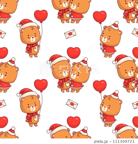 Seamless romantic pattern with loving bear teddy with hearts and balloon on white background. Funny kawaii animal girl and boy character. Vector illustration. valentine backdrop 111309721