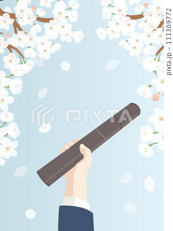 桜の木の下で卒業証書の筒を掲げるベクターイラスト 111309772