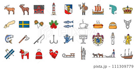 Sweden color line, outline icons, Swedish landmarks and travel vector symbols. Swedish flag and Stockholm tourism attractions, culture, food and art of Scandinavian Sweden and Vikings Sweden color line, outline icons, Swedish landmarks and travel vector symbols. Swedish flag and Stockholm tourism attractions, culture, food and art of Scandinavian Sweden and Vikings 111309779