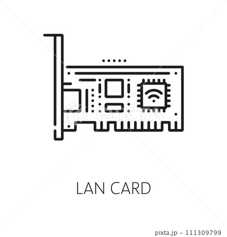 Electronics software, computer industry, app development hardware thin line icon. Internet and network technology, server hardware testing linear vector symbol with PC computer LAN card 111309799