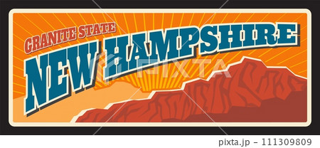 New Hampshire american granite state, vintage travel plate. Vector tin plaque, sign for tourist destination, retro board, antique signboard typography. Touristic Concord capital, Manchester city 111309809