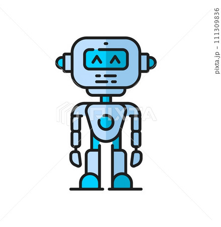 Robot cyborg color line icon, cartoon robotic android bot, vector character. Retro robot with mechanical arms and face display in outline icon, cyber machine or space alien, AI robotic android bot 111309836