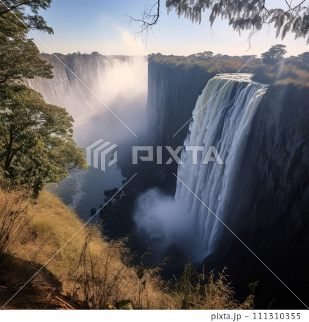 Victoria Falls. Beautiful Victoria waterfall. Above view of an astonishing big waterfall. Image of high giant waterfall pouring down in sun with foam and mist steam. Bird's eye view of Victoria Falls. 111310355
