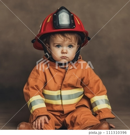 Portrait of a little boy in a firefighter suit sitting looking at camera. Small child wearing an orange firefighter costume and a big helmet on a dark background. Kid boy in a fire protections suit. Portrait of a little boy in a firefighter suit sitting looking at camera. Small child wearing an orange firefighter costume and a big helmet on a dark background. Kid boy in a fire protections suit. 111310396