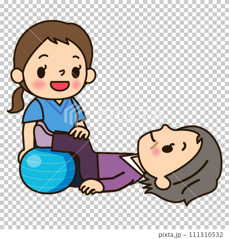 Senior rehabilitating using a balance ball Senior rehabilitating using a balance ball 111310532