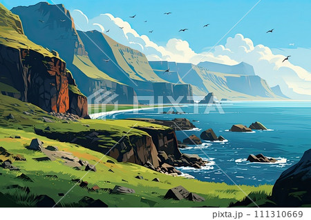 AI-generated content. beautiful green nature mountain landscape in summer by the ocean illustration AI-generated content. beautiful green nature mountain landscape in summer by the ocean illustration 111310669