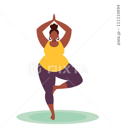 Plus Size Black Woman Practicing Yoga. The Tree Asana. Body Positivity. Flat Vector Illustration Plus Size Black Woman Practicing Yoga. The Tree Asana. Body Positivity. Flat Vector Illustration 111310694