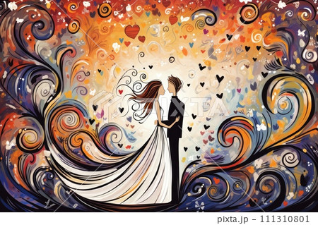 AI-generated content. beautiful wedding couple colorful sketch illustration 111310801