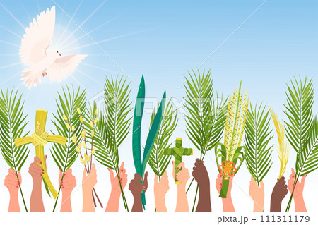 Palm Sunday celebrations. Hands of people of different nationalities are raised with palm branches, sansevieria and a cross. White dove in the sky, the embodiment of the holy spirit. Vector. Cartoon. 111311179