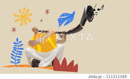 Talented man playing clarinet against abstract beige background. Contemporary art collage. Talented man playing clarinet against abstract beige background. Contemporary art collage. 111311389