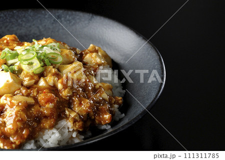 お豆腐たっぷりの長葱乗せ麻婆丼を黒背景で撮影 111311785