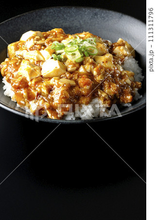 お豆腐たっぷりの長葱乗せ麻婆丼を黒背景で撮影 お豆腐たっぷりの長葱乗せ麻婆丼を黒背景で撮影 111311796