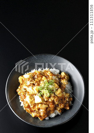 お豆腐たっぷりの長葱乗せ麻婆丼を黒背景で俯瞰撮影 お豆腐たっぷりの長葱乗せ麻婆丼を黒背景で俯瞰撮影 111311856