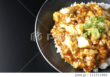 お豆腐たっぷりの長葱乗せ麻婆丼を黒背景で俯瞰撮影 お豆腐たっぷりの長葱乗せ麻婆丼を黒背景で俯瞰撮影 111311868
