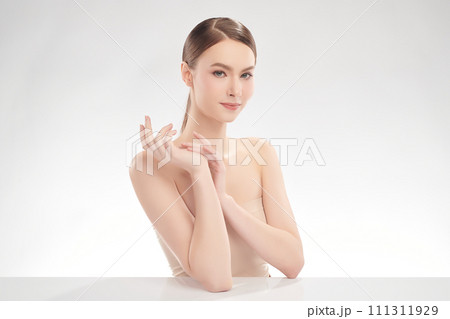 Beautiful young woman with clean fresh skin on white background, Face care, Facial treatment, Cosmetology, beauty and spa, women portrait. 111311929