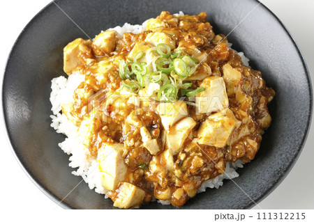 お豆腐たっぷりの長葱乗せ麻婆丼を白背景で俯瞰撮影 111312215