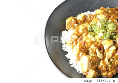 お豆腐たっぷりの長葱乗せ麻婆丼を白背景で俯瞰撮影 111312216