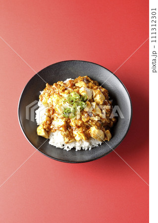お豆腐たっぷりの長葱乗せ麻婆丼を俯瞰で撮影 お豆腐たっぷりの長葱乗せ麻婆丼を俯瞰で撮影 111312301