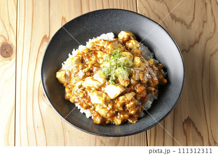 お豆腐たっぷりの長葱乗せ麻婆丼を俯瞰で撮影 お豆腐たっぷりの長葱乗せ麻婆丼を俯瞰で撮影 111312311