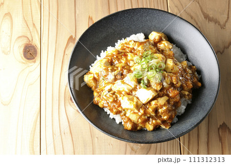 お豆腐たっぷりの長葱乗せ麻婆丼を俯瞰で撮影 お豆腐たっぷりの長葱乗せ麻婆丼を俯瞰で撮影 111312313