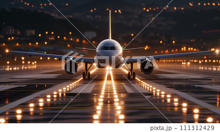 夕暮れの滑走路の旅客機 夕暮れの滑走路の旅客機 111312429