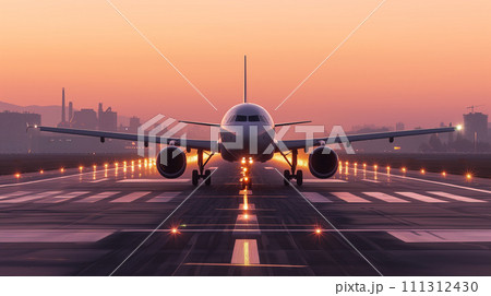 夕暮れの滑走路の旅客機 111312430