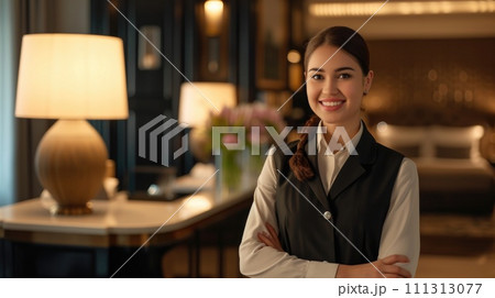 Confident Hotel Staff Member Smiling Confident Hotel Staff Member Smiling 111313077