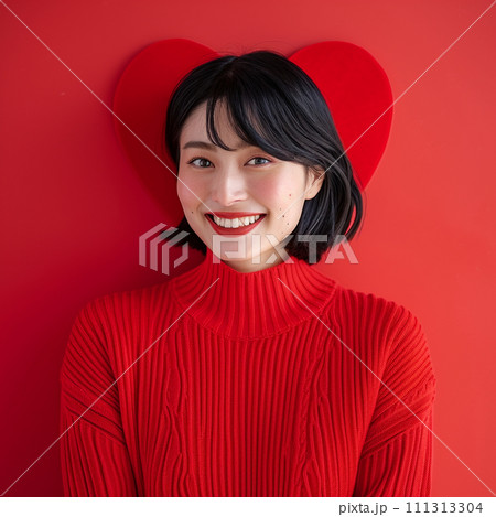 赤いハートの背景の女性 赤いハートの背景の女性 111313304
