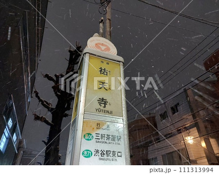 吹雪く夜のバス停「祐天寺」2024 111313994