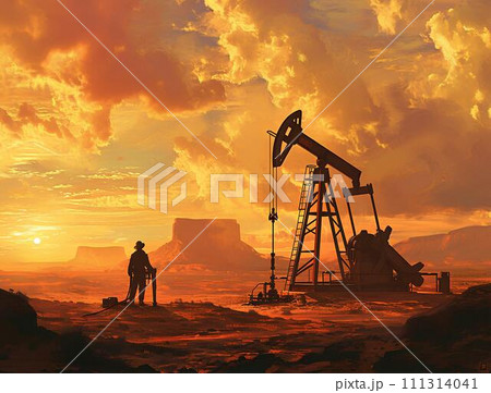 Man standing in front of oil refinery at sunset. Energy industry concept Man standing in front of oil refinery at sunset. Energy industry concept 111314041